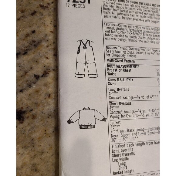 Simplicity 7251 Toddler Overalls Shortalls Jacket Sewing Pattern Size 1-4 Uncut - Picture 6 of 10